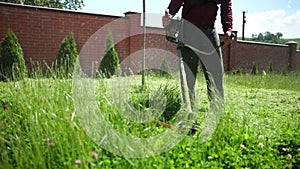 Person is a gardener, cuts a high green grass, a gasoline mower, on a sunny day