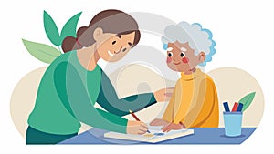 A person gently guiding an elderly participant as they use watercolors to recreate a favorite childhood memory.. Vector photo