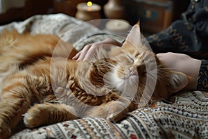 A person gently strokes an orange cat on top of a bed