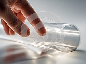 Person gently touching a thin transparent plastic film sheet rolled up on a reflective surface with soft lighting and delicate