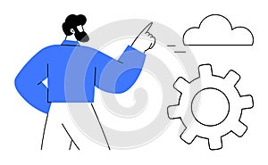 Man pointing to cloud and gear representing technology integration and cloud computing concepts