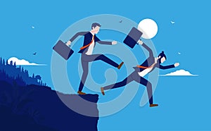 Eliminate competition - Businessman kicking man of cliff