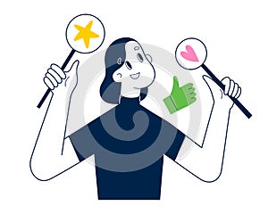 Person gives review rating and feedback. Hands holding star, likes icons, thumbs up button, Colored flat vector
