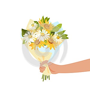 Person giving flowers bouquet. Romance and gift concept. Vector