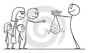 Person Giving Money Gift or Charity Donation to Poor Family, Vector Cartoon Stick Figure Illustration