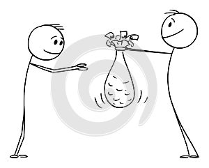 Person Giving Money Gift or Charity Donation to Poor Man, Vector Cartoon Stick Figure Illustration