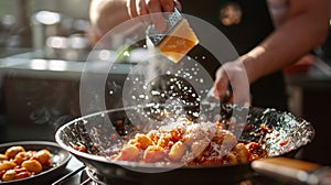 A person grating a block of aged Parmesan cheese over a steaming bowl of homemade gnocchi in a rich tomato sauce