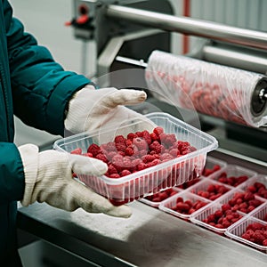 Person in green jacket holds container of red berries in a food processing facility photo