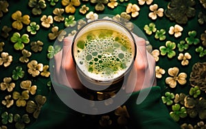 A person in green knitted sweater. Two hands holding a pint of beer with green foam. Top view, over the shoulder, AI Generative