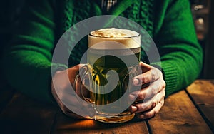 A person in green knitted sweater. Two photorealistic hands holding a pint of beer, close up. AI Generative