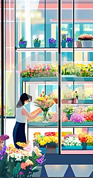 person in a greenhouse with flowers. woman collects a bouquet in a glassed flower shop photo