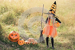 A person in the guise of a witch with a broomstick photo
