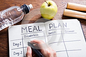 Person Hand Filling Meal Plan In Notebook