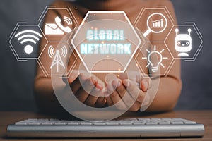 Person hand holding global network technology and digital marketing icon on virtual screen