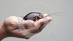 Person Hand holding a Madagascar hissing cockroach. Gentle interaction with nature. Concept of exotic pets, entomology