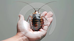 Person Hand holding a Madagascar hissing cockroach. Gentle interaction with nature. Concept of exotic pets, entomology