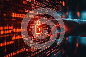 person hand hovering over a glowing digital padlock. symbolizing secure data. By generative Ai