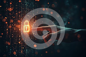 person hand hovering over a glowing digital padlock. symbolizing secure data. By generative Ai