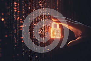 person hand hovering over a glowing digital padlock. symbolizing secure data. By generative Ai
