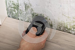 Person Hand Testing The Moldy Wall