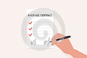 A person hand with pen signing marriage contract flat style illustration. Prenup signed certificate. Prenuptial photo