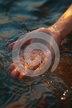 person hand splashing water drops at lake or river, human palm splash aqua