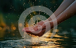 person hand splashing water drops at lake or river, human palm splash aqua