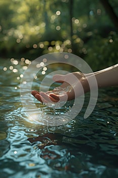 person hand splashing water drops at lake or river, human palm splash aqua