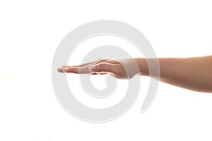 Person hand in straight push down or hold gesture, side view