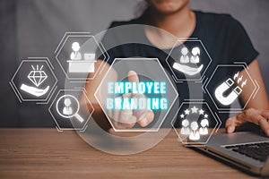 Person hand touching employer branding icon on virtual screen