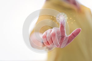 Person hand touching on the virtual screen for fingerprint.