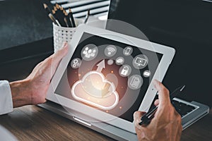 Person hand using digital tablet with cloud computing icon, Cloud computing concept