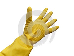 Person hand wearing yellow rubber glove, spreading fingers, cut out isolated
