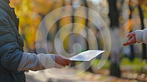 Person handing a political flyer to another. Volunteer handing out pamphlets. Concept of political advocacy, grassroots photo