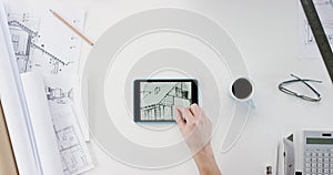Person, hands and architect with tablet, blueprint or planning in design, graphic or model above on mockup space. Top