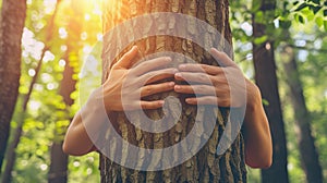 Person hands hugging tree, nature connection, love for environment