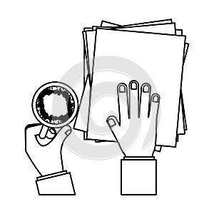 Person hands with papers and cup coffee