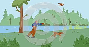 Person and hawking glove hunting with falcon bird and dog in the forest near the lake, vector cartoon Falconry training