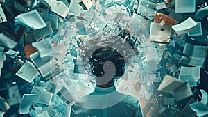 A person head explodes with information from newspapers, books, taxes. Man overwhelmed with fake news. A psychological