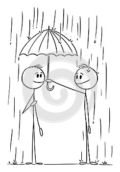 Person Helping Man on Rain Offering His Umbrella , Vector Cartoon Stick Figure Illustration