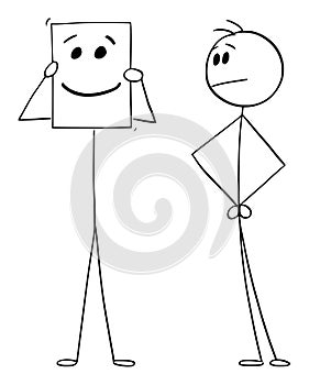 Person Hiding Real Emotion, Vector Cartoon Stick Figure Illustration