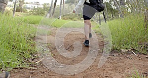 A person hikes on a dirt trail surrounded by green grass with copy space