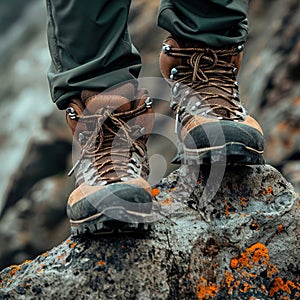 A person in hiking boots stands on a rock in nature