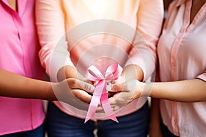 person hold a pink ribbon cancer. a pink cancer awareness. generative ai