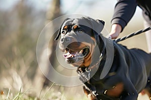 person holding back a lunging rottweiler on a strong leash