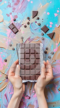 A person is holding a bar of chocolate on a silver wrapper in their hands, showcasing the delicious treat up close