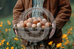 Person holding a basket of fresh eggs at a farm