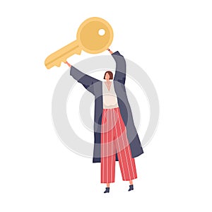 Person holding big golden key to success in hands. Concept of finding solution, solving business problems. Woman with