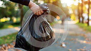 Person holding a black garbage bag in a park