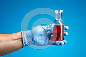 person is holding a bottle of red liquid in a blue background